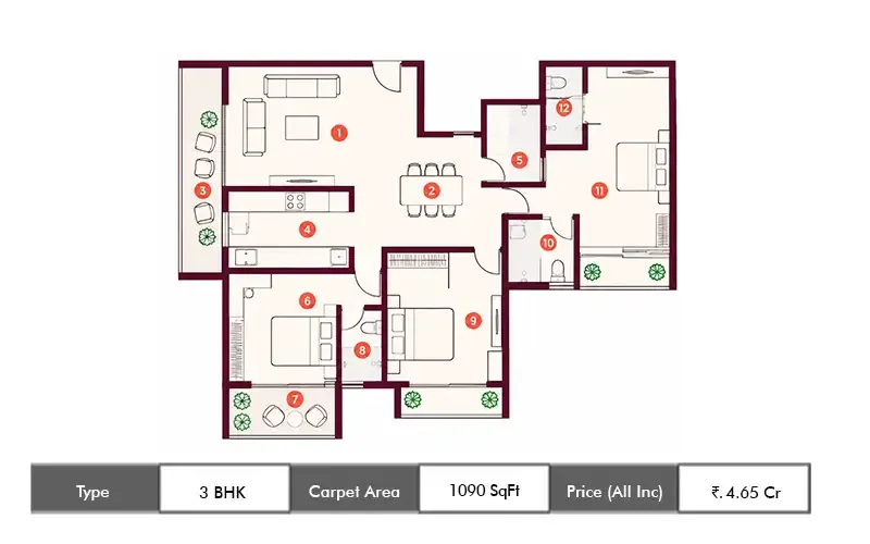 Vaibhavlaxmi Rhythm 51 3 BHK floor plan, 1090 sq ft carpet area