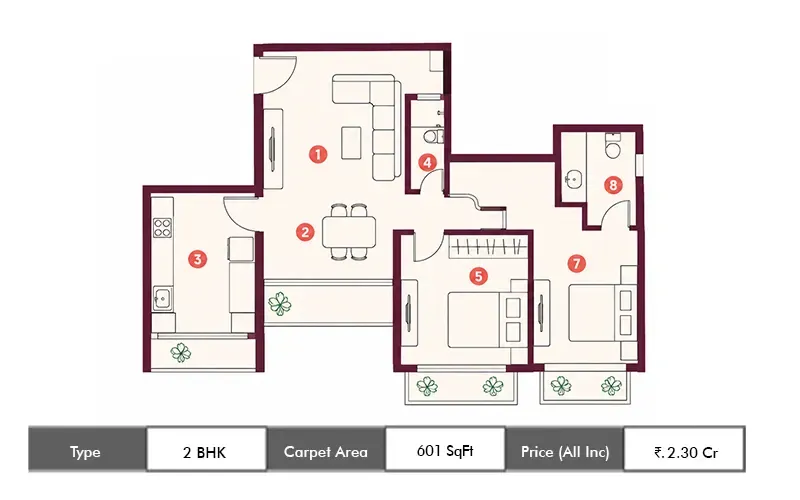 Vaibhavlaxmi Rhythm 51 2 BHK floor plan, 601 sq ft carpet area